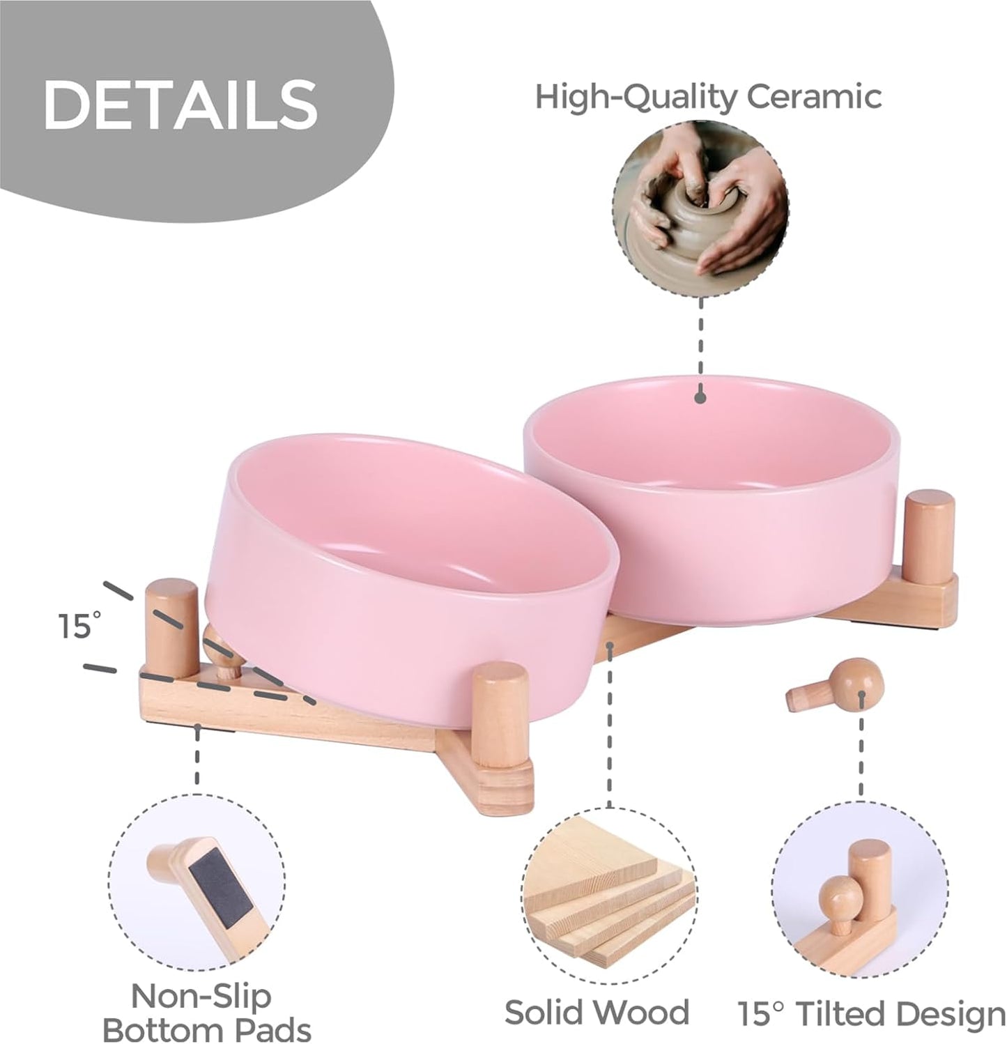 Ceramic Dog Bowl and Cat Bowls Set with 15° Adjustable Wood Stand, Non-Slip Weighted Pet Food and Water Bowls, Dual Raised Feeder for Small Dogs Cats, Matte Glaze Pet Dish 13.5oz Set of 2 (Pink)