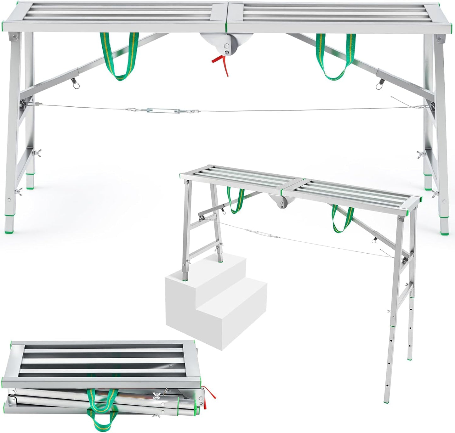 Zonon 28" to 44" H Folding Work Platform 400 Lbs Capacity Portable Scaffolding Step Stool 4 Height Adjustment 55" x 11.8" Non Slip Work Platform Ladder for Home Drywall Cleaning Painting