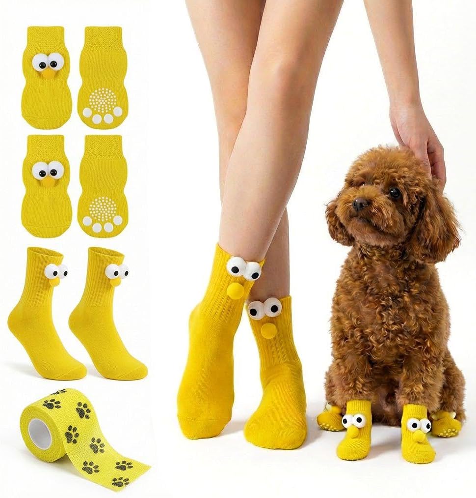 Dog Socks & Owner Matching Set, Anti Slip Dog Booties with Adjustable Straps, Paw Protectors for Hardwood Floors, Traction Control for Senior Dogs, Stop Licking, Indoor & Winter Usage (2 Pairs)