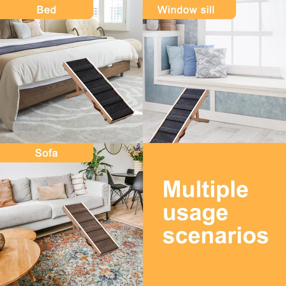 Adjustable Dog Ramp, Portable Folding Pet Ramp, 32" Long Wooden Pet Ramp for Bed with Non-Slip Traction Mat for Small Dogs, Dog Climbing Ladder for Sofa, Bed, Couch,Car(LGPT1,Gray)