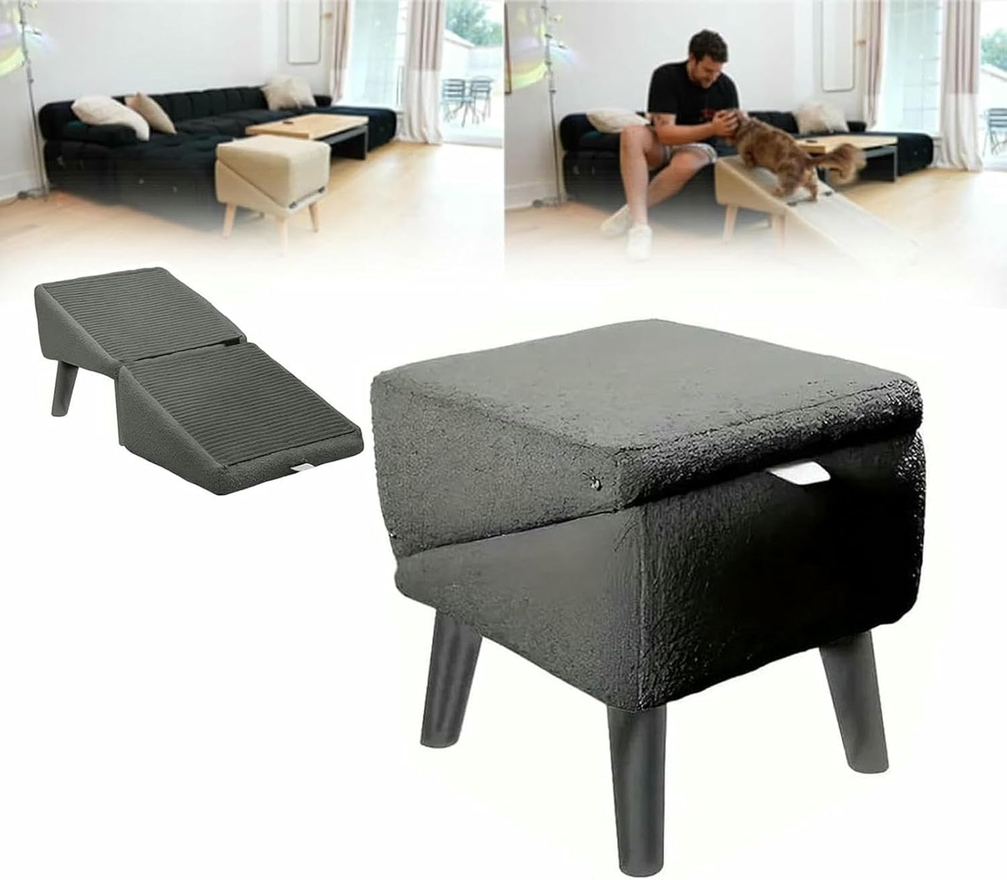 Split Ottoman Dog Ramp, Folding Non-Slip Dog Ramp and Ottoman for Small Medium Senior or Injured Dogs and Cats,Portable Pet Stairs for Bed Sofa and Couch