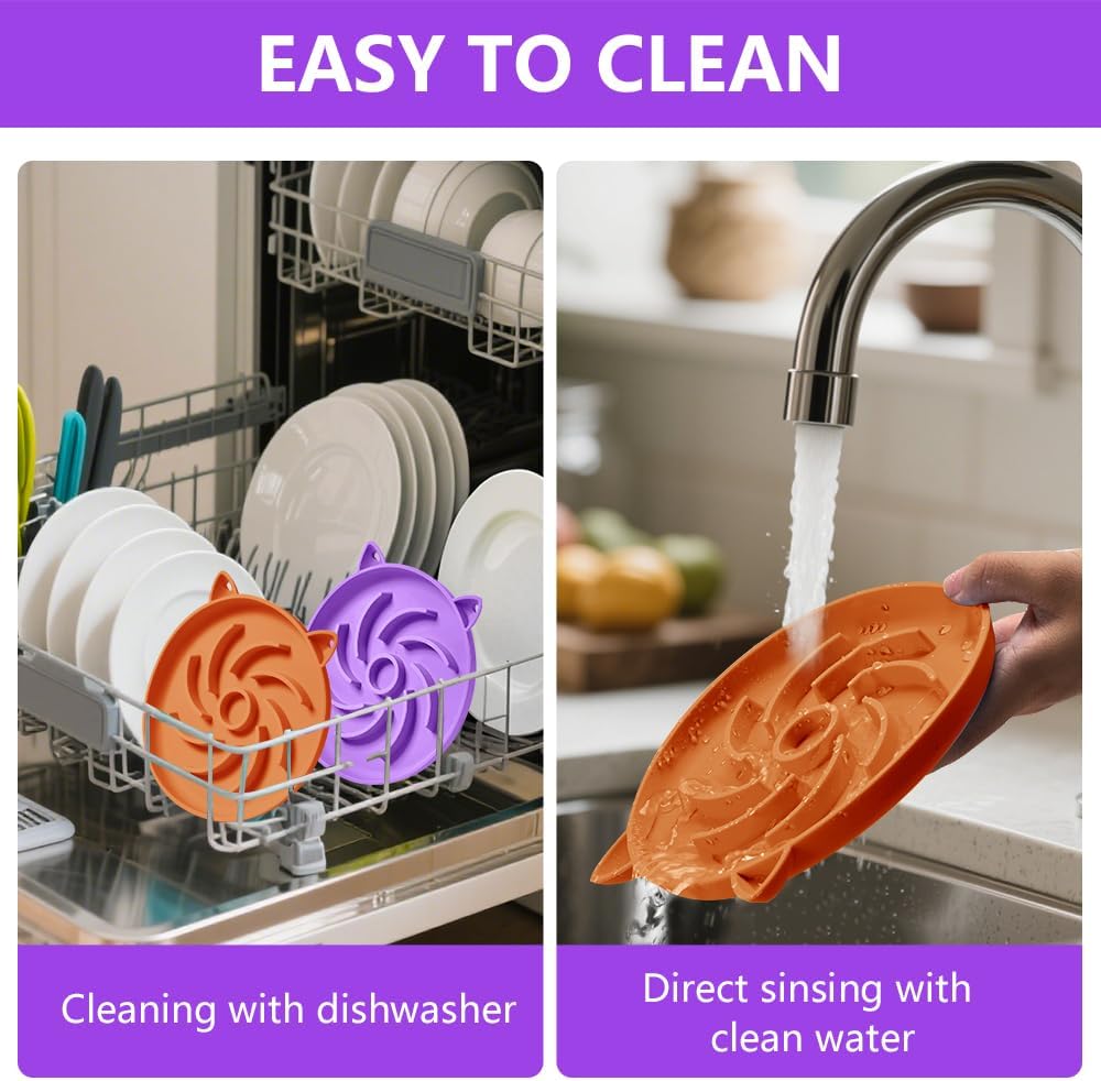 2Pcs Slow Feeder Cat Bowl,Puzzle Feeder,Interactive Toys,Slow Feeding cat Bowl Suitable for All Dry and Wet Foods,Easy to Clean Silicone Bowls (Orange and Purple)