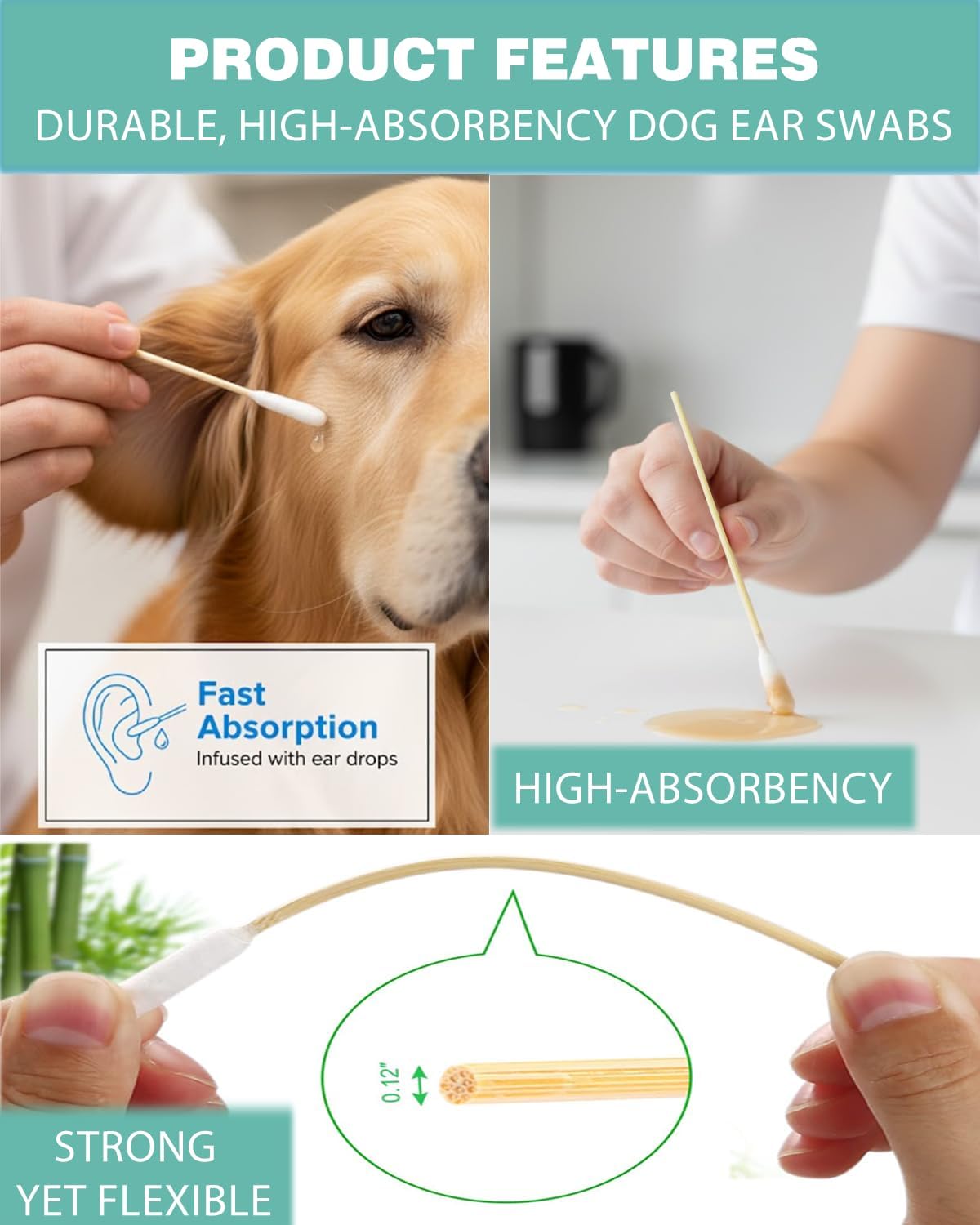 Dog Ear Swabs 200 Count - 6 Inch Long Cotton Swabs for Dogs, Large Bamboo Pet Ear Cleaning Swabs | Sturdy, Gentle, Lint-Free Applicator for Tear Stains, Nose Folds & Daily Grooming Care