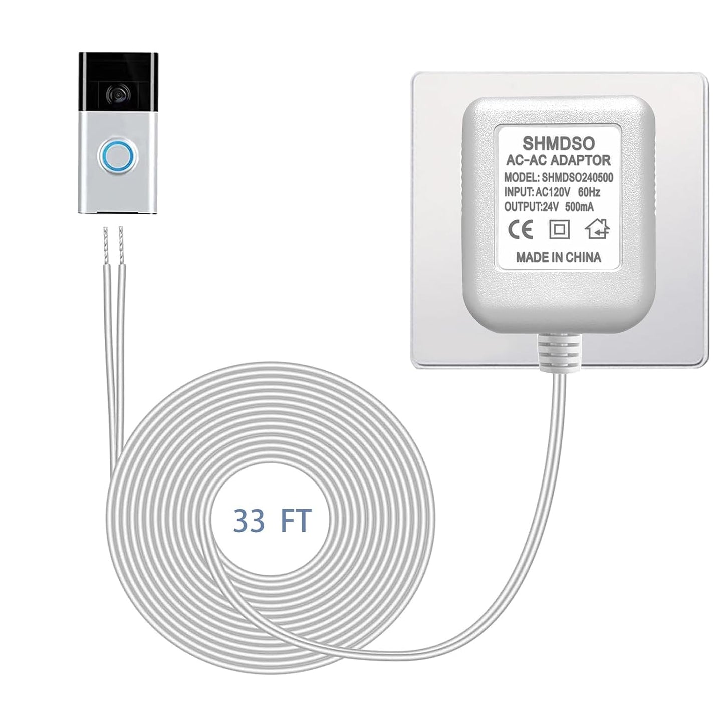 24V Doorbell Transformer，33 Feet Length Output Line 24V500mA Video Doorbell Power Adapter, Compatible with Arlo, Nest, Wyze, Eufy, Ring Doorbell Power Supply （White 33 feet）