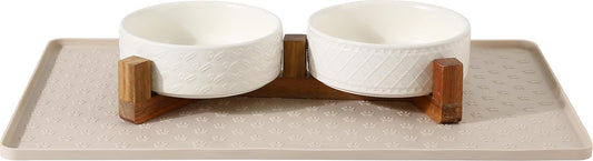 Dog Bowl Set with Acacia Wood Stand & Silicone Mat, 2.0-Cup Ceramic Puppy Bowls for Small Dogs, Dual Food and Water Bowls with Weighted Non-Slip Base & Dog Food Mat