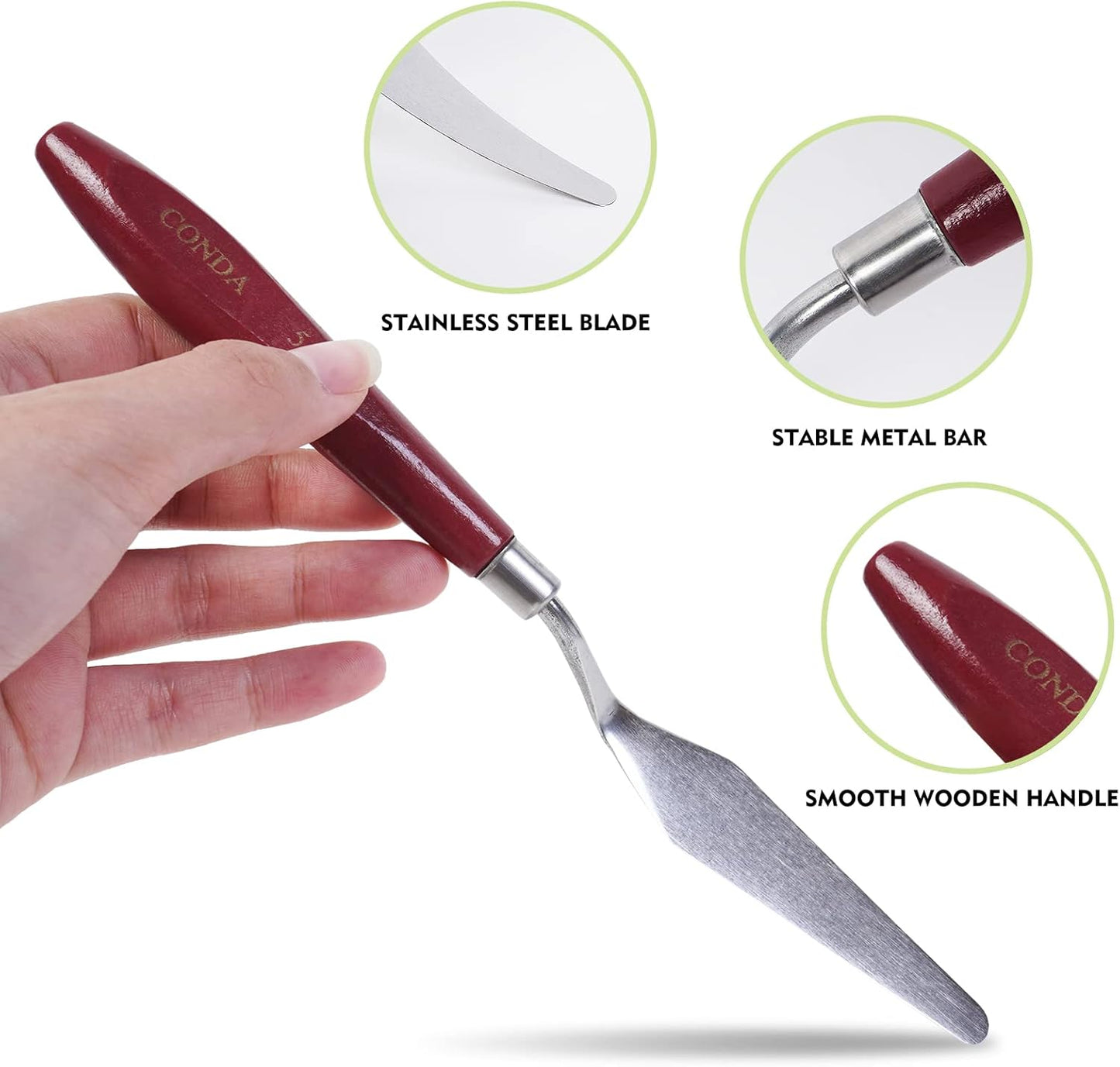 CONDA Palette Knife Painting Stainless Steel Spatula Palette Knife Oil Paint Metal Knives Wood Handle (Red 5 Piece)