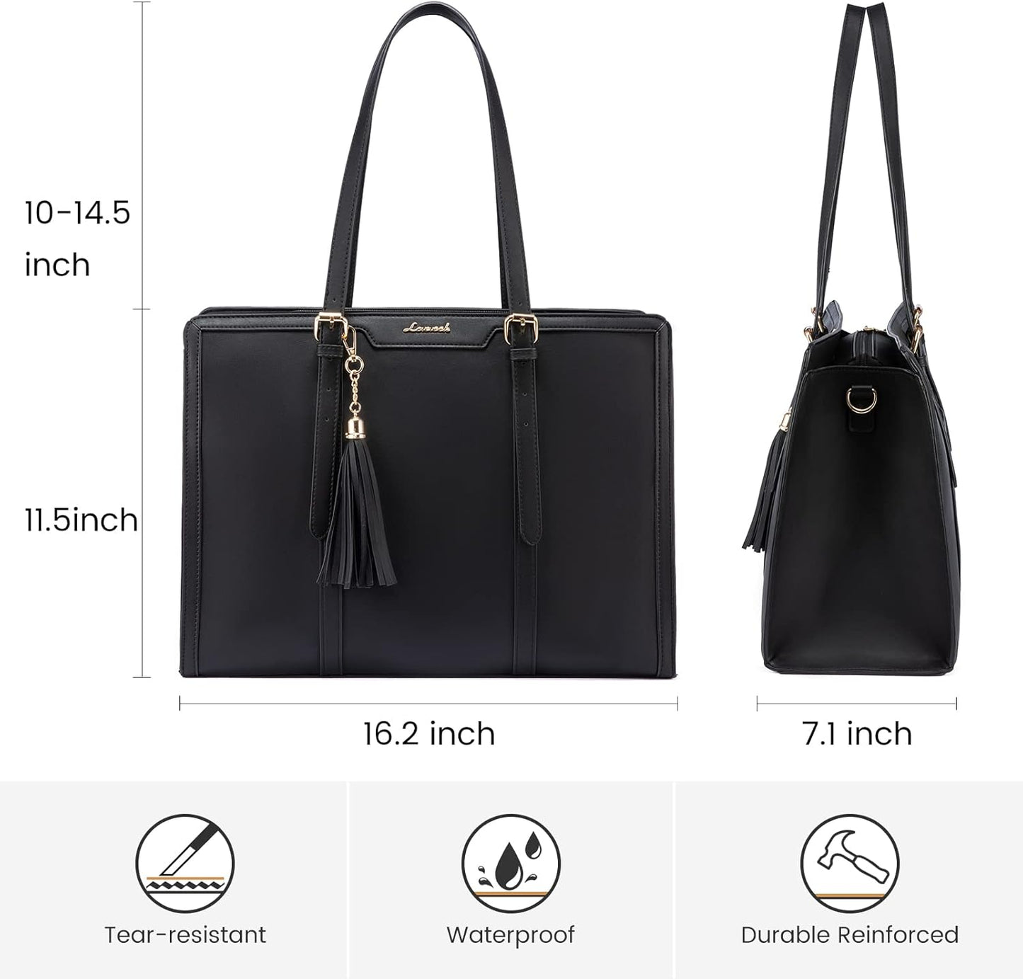 LOVEVOOK Laptop Bag for Women 15.6 inch Lightweight PU Laptop Tote Bag, Large Capacity Computer bag with Clutch Purse for Business, Work, Office, Travel, School,Casual(Black & Leather)