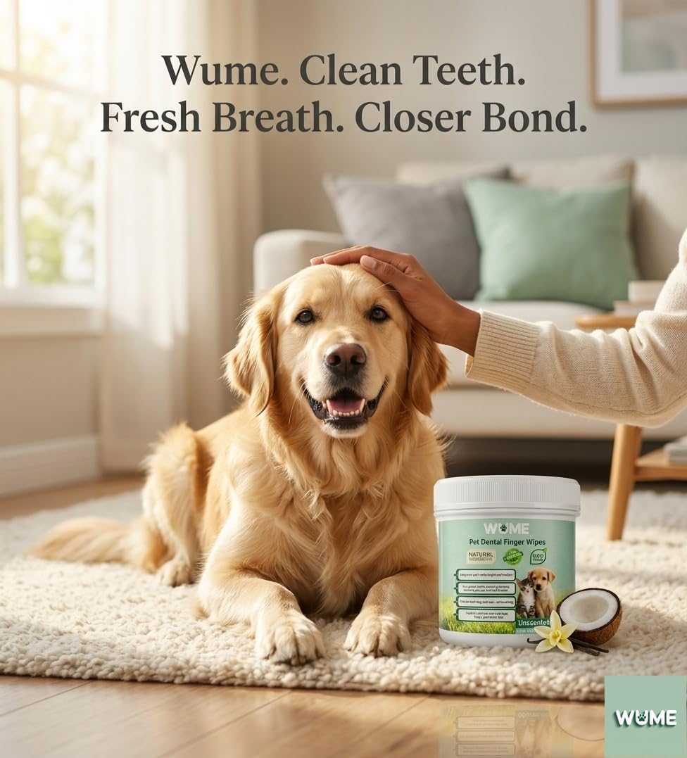 WUME Pet Dental Finger Wipes for Dogs & Cats Vet-Inspired Teeth Cleaning Wipes, Toothbrush Alternative, Gentle, Alcohol-Free, Disposable, 50 Counts