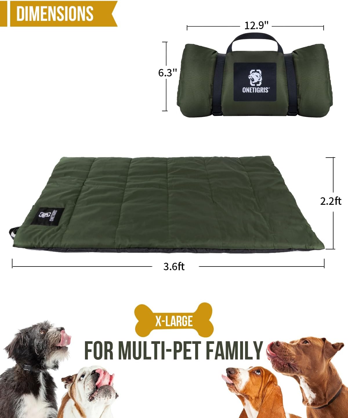ONETIGRIS Large Dog Bed Washable Matteress Anti Slip Cushion for Pets Sleeping, 3.6ft by 2.2ft Water-Resistant Pet Bed for Indoor Outdoor(Green)