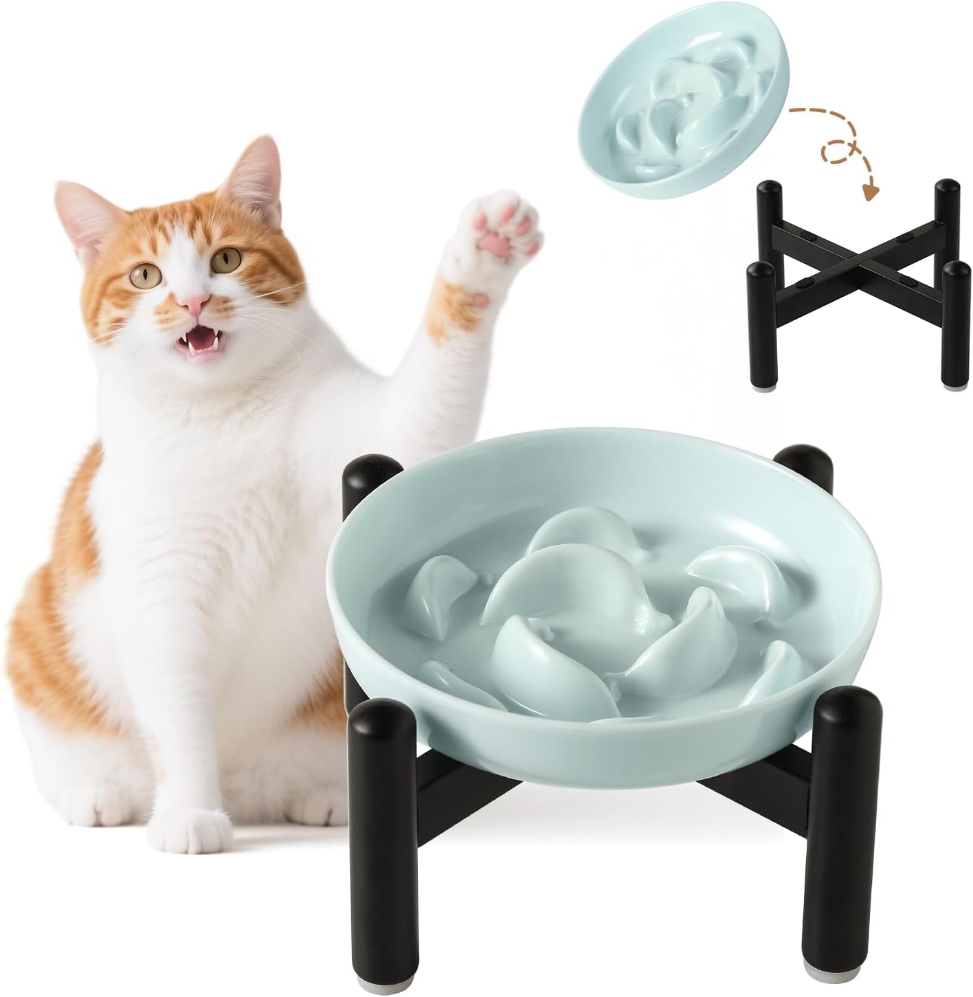 Elevated Slow Feeder Cat Bowl - Melamine Cat Food Plate with Anti-Slip Metal Stand - Raised Maze Dish for Slow Eating - Pale Blue