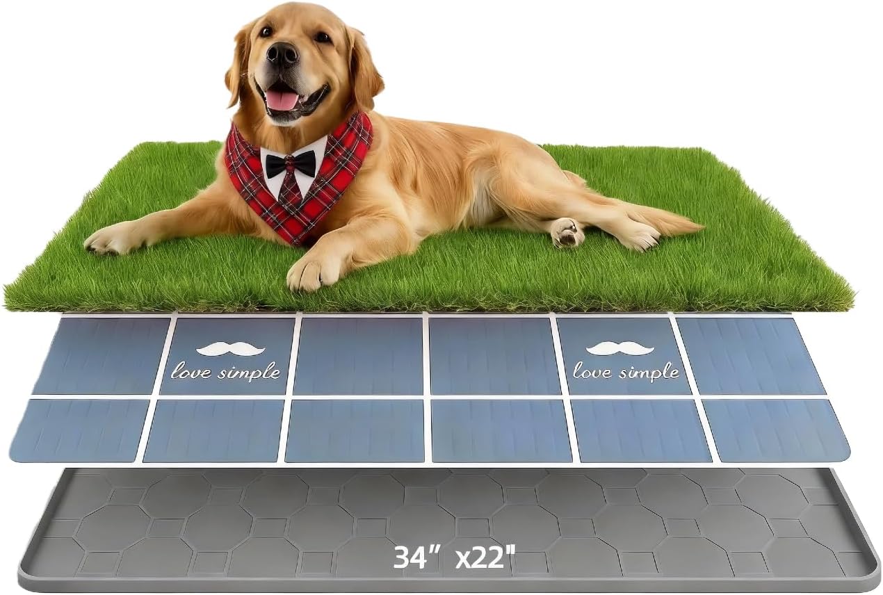 Large Dog Grass Pad with Tray, 34x22 Inch Puppy Potty Training System with Artificial Grass & Pheromone Pee Pad, Non-Slip Silicone Base for Easy-Clean Indoor Outdoor Use