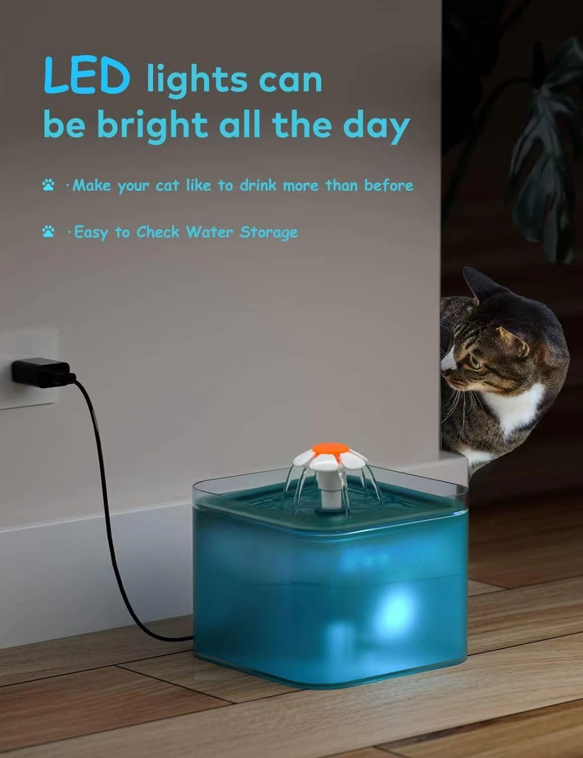Cyan Cat Water Fountain with Plastic Food Grade Wired USB - 2L/67oz Pet Water Fountain,Cat Fountains for Cats Indoor, Ultra Silent,Dog Water Fountain with Led Light