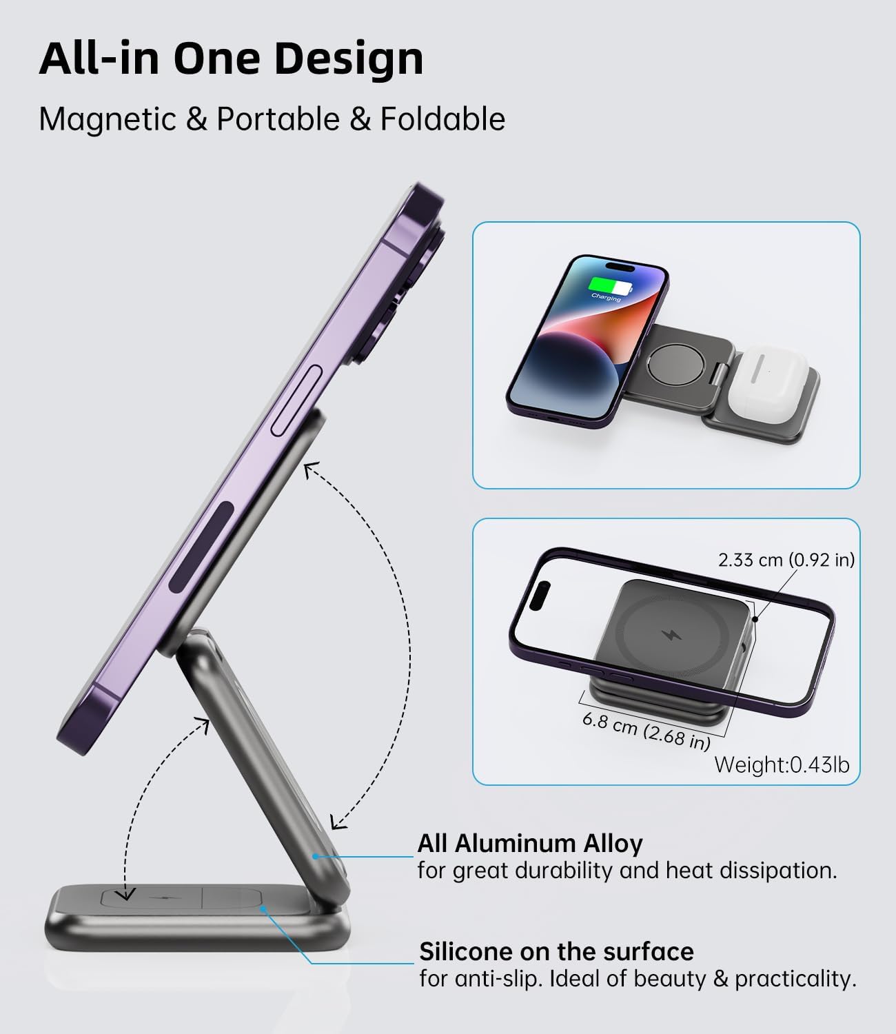 Foldable Magnetic Wireless Charger, KU XIU X40 Aluminum Alloy 3 in 1 Charging Station for Apple, Fast Magnetic Charger Stand for iPhone 17 16 15 14 13 12 Series, 5W for iWatch, AirPods 3/2/Pro, Gray