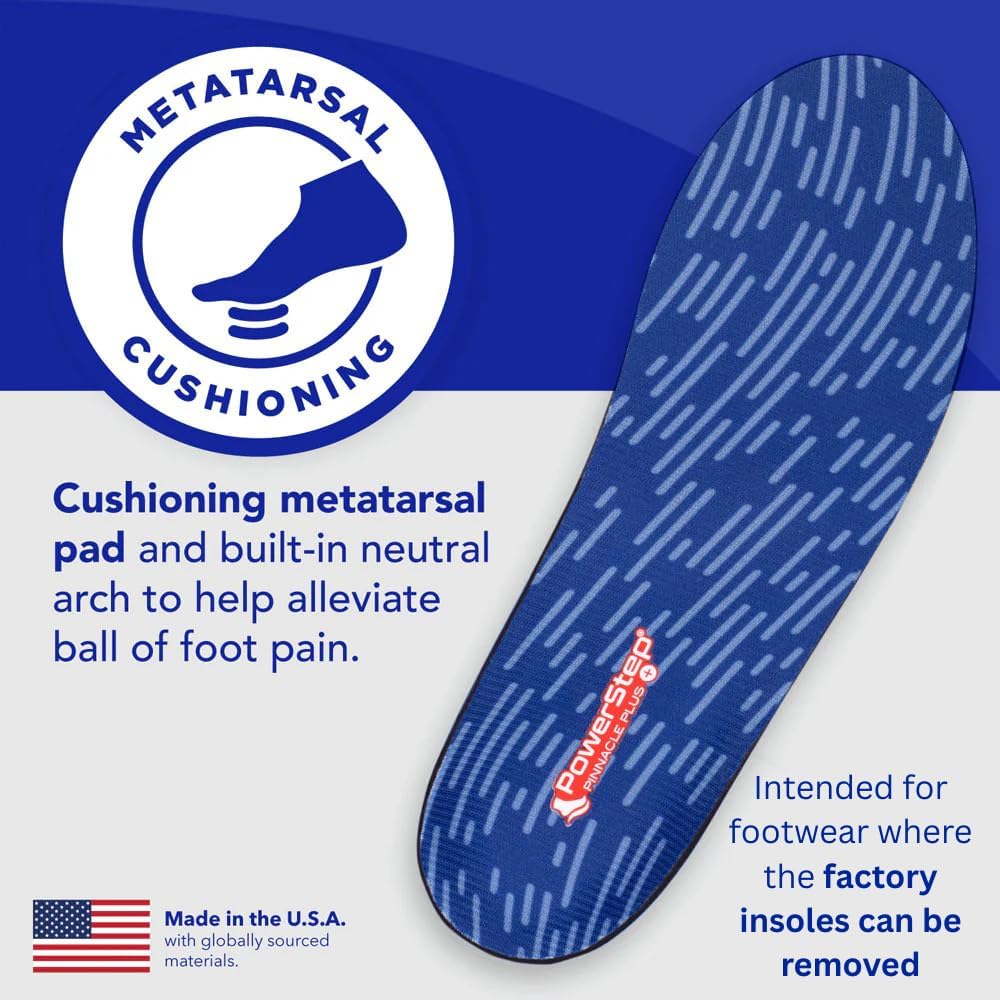 PowerStep Pinnacle Plus Met, Ball of Foot Pain Relief Orthotics, Shoe Inserts, Metatarsalgia, Arch Support, Morton's Neuroma Pain Relief, Shoe Insoles, Metatarsal Pad, Made in USA (M 11-11.5)