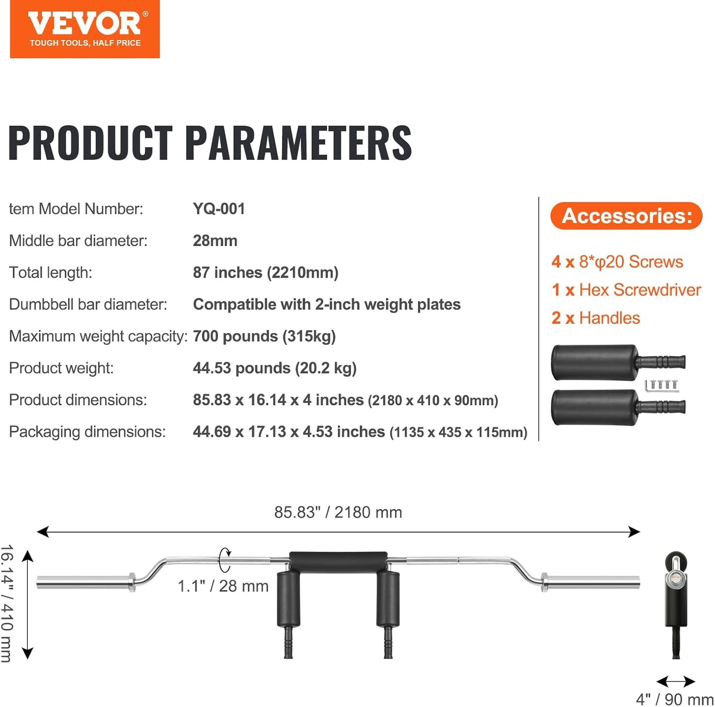 VEVOR Safety Squat Bar, 700 & 1500 LBS, Plus 500 LBS Hex Barbell Trap Bar, Ideal for Squats, Deadlifts, Lunges, Rehab