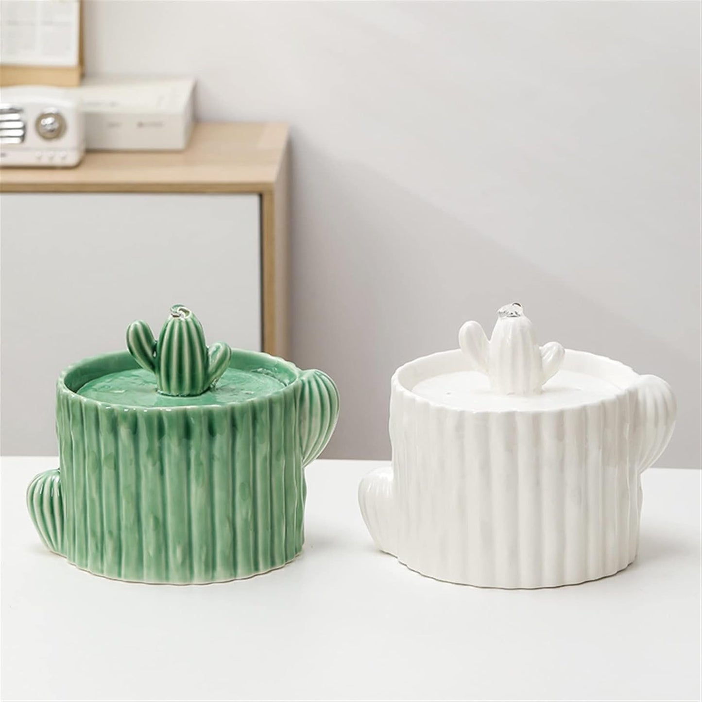 Ceramic Cat Water Fountain Dinker Cactus Pet Drinking Bowls Pet Water Dispenser Pet Fountain Indoor USB Water Fountains Pet Water Dispenser (Color : White)