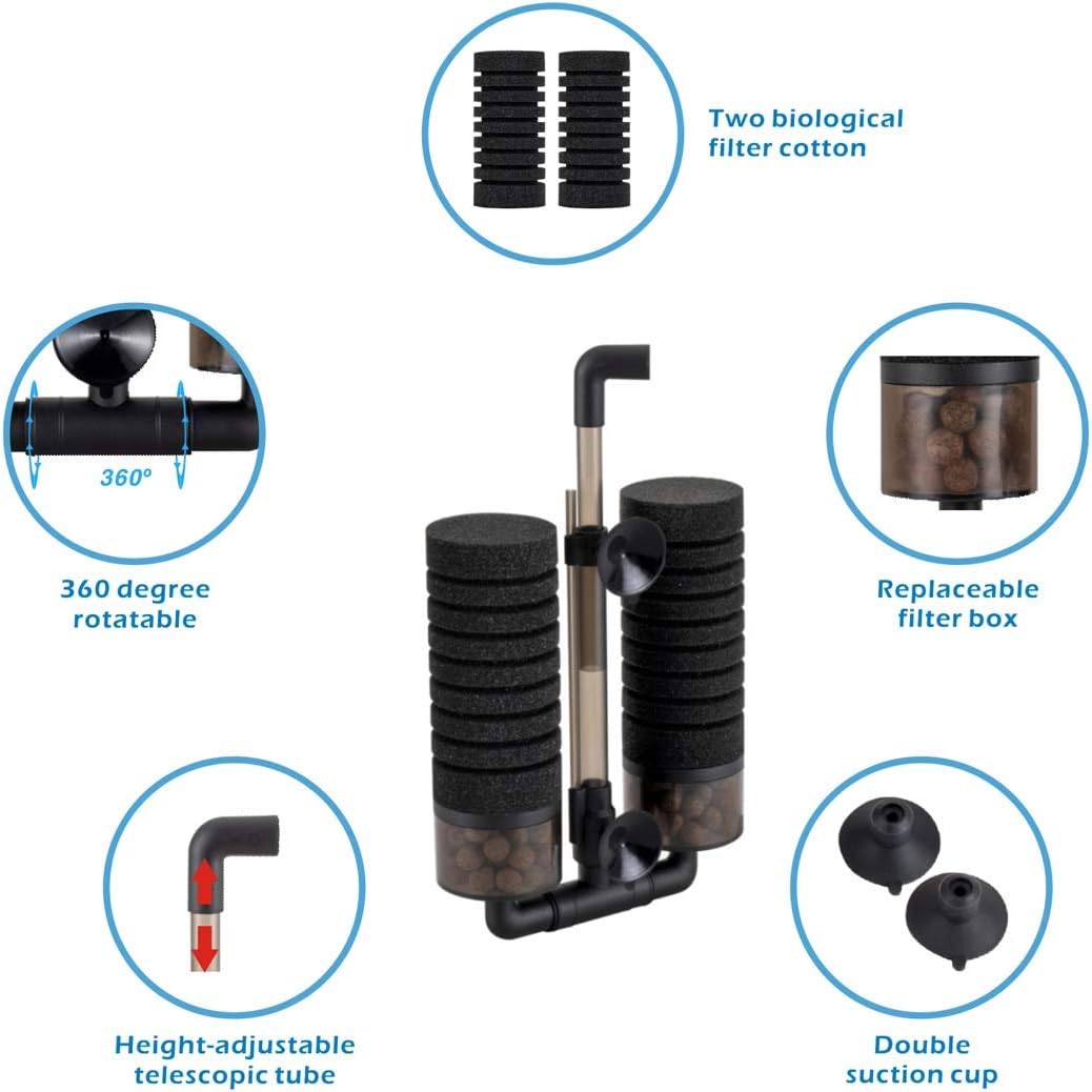 hygger Sponge Filter, Aquarium Filter Double Sponge Replaceable Media with 4 Biochemical Sponges and 1 Bag of Filtered Ceramic Balls Ultra Quiet Filter Fish Tank (S/M) (M for 15 to 55 Gallon Tank)