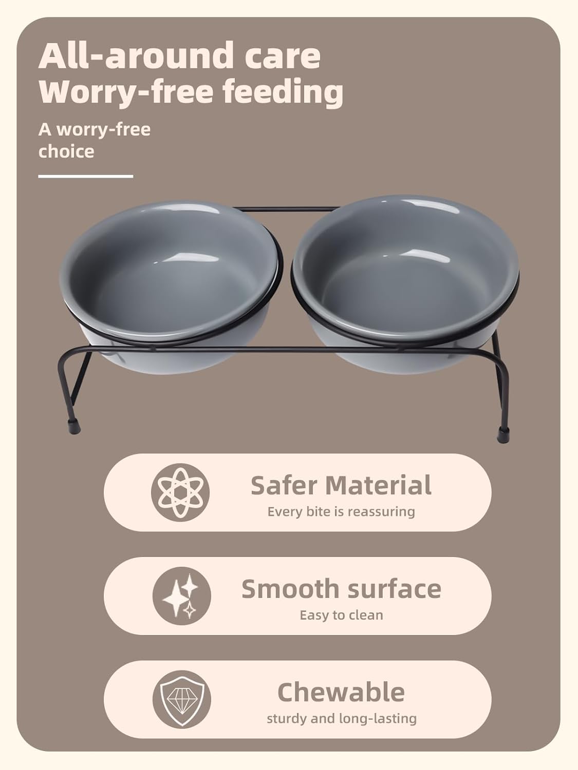 GDCZ Elevated Cat Bowl Stand, 11 in Metal Stand with 2 Removable 15 OZ Ceramic Bowls for Pet Food and Water, Stand Reduces Cat Neck Burden, Grey