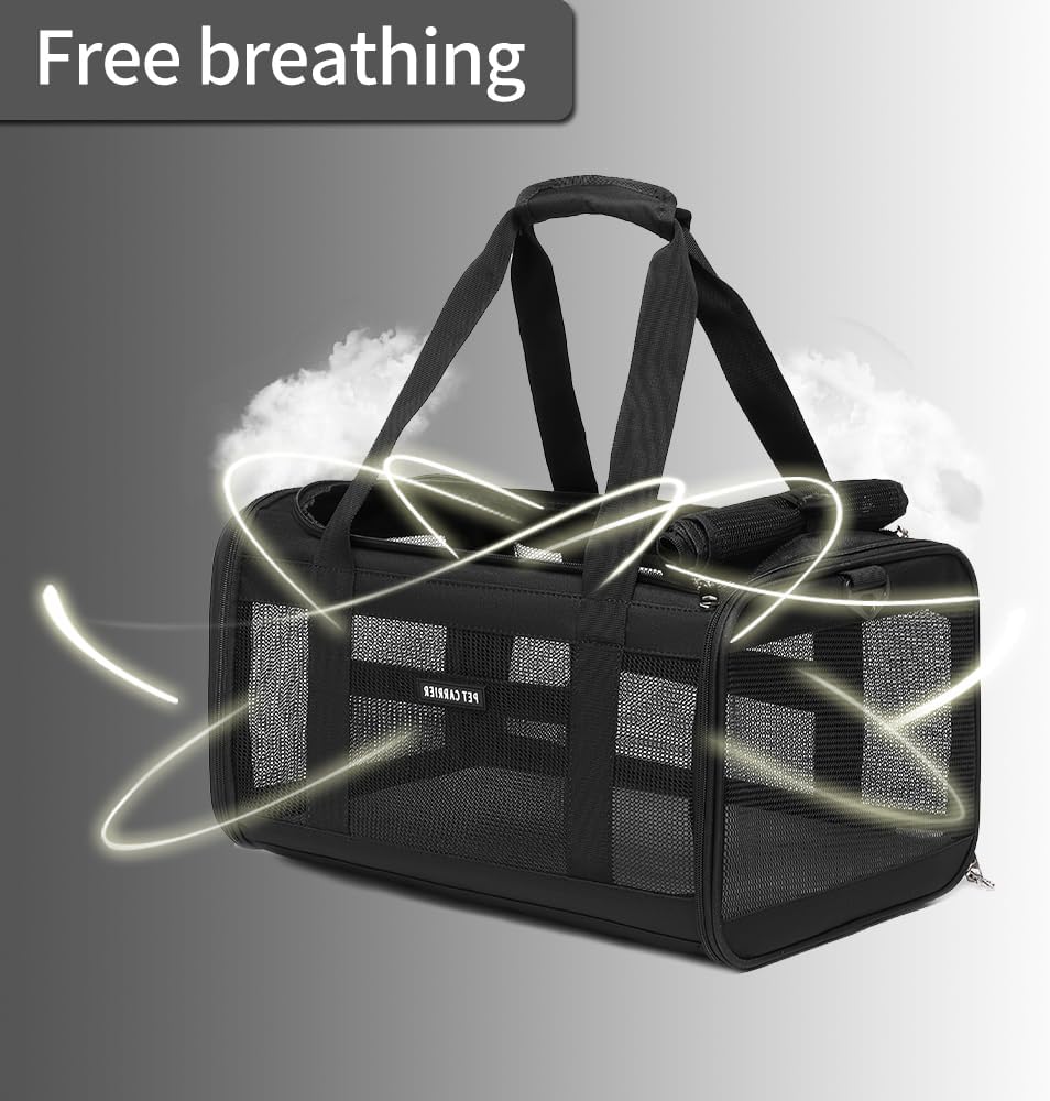 Airline Approved Pet Carrier for Cats and Small Dogs up to 15 lbs, Breathable Mesh and Collapsible Design, Portable Travel Bag for Bearded Dragon, Puppies Animal Hangbag, Rabbit Cage (Black, Small)