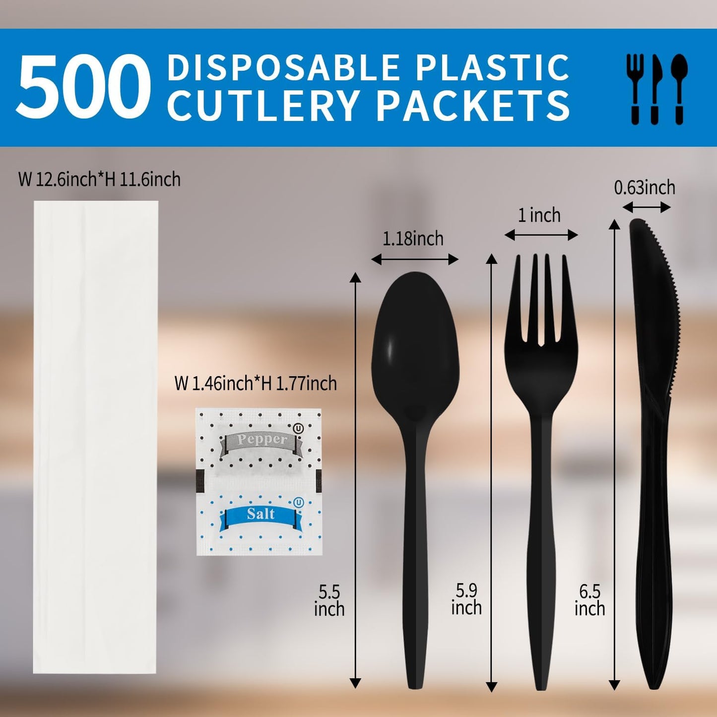 500 Pack Knife Fork Spoon Napkin Salt Pepper Sets, Individually Wrapped Black Plastic Cutlery Packets for Delivery, Cafeterias, Restaurants