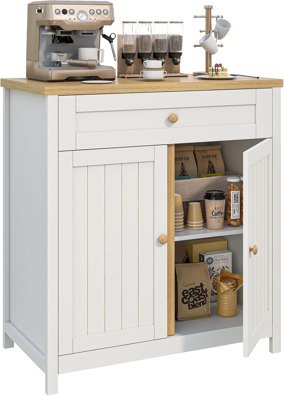 Storage Cabinet,Coffee Bar Cabinet, Kitchen Storage Cabinet, Modern Farmhouse Buffet Sideboard with Drawer, for Kitchen, Dining Room, Entryway（White）