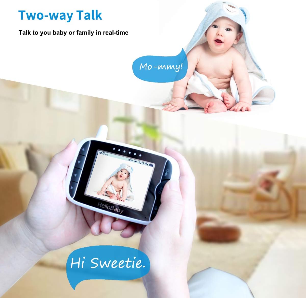 HelloBaby Video Baby Monitor with 2 Cameras and Audio. Baby Monitor with Remote Pan/Tilt/Zoom, VOX Mode, Night Vision, 2-Way Talk, 8 Lullabies