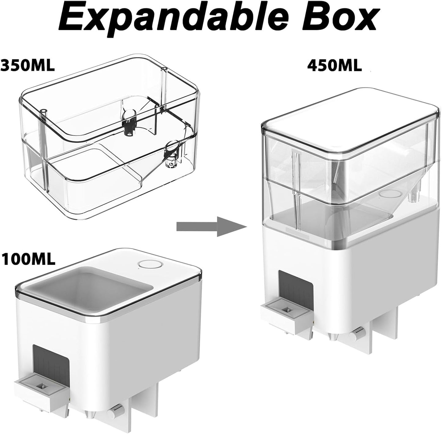 Automatic Fish Feeder Expandable Box Fish Food Storage Box, Removable, Suitable for GEZIEKID WP8621N, WP8621F, WP8622, WP8622L, Transparent Plastic Material, 350ML Large Capacity
