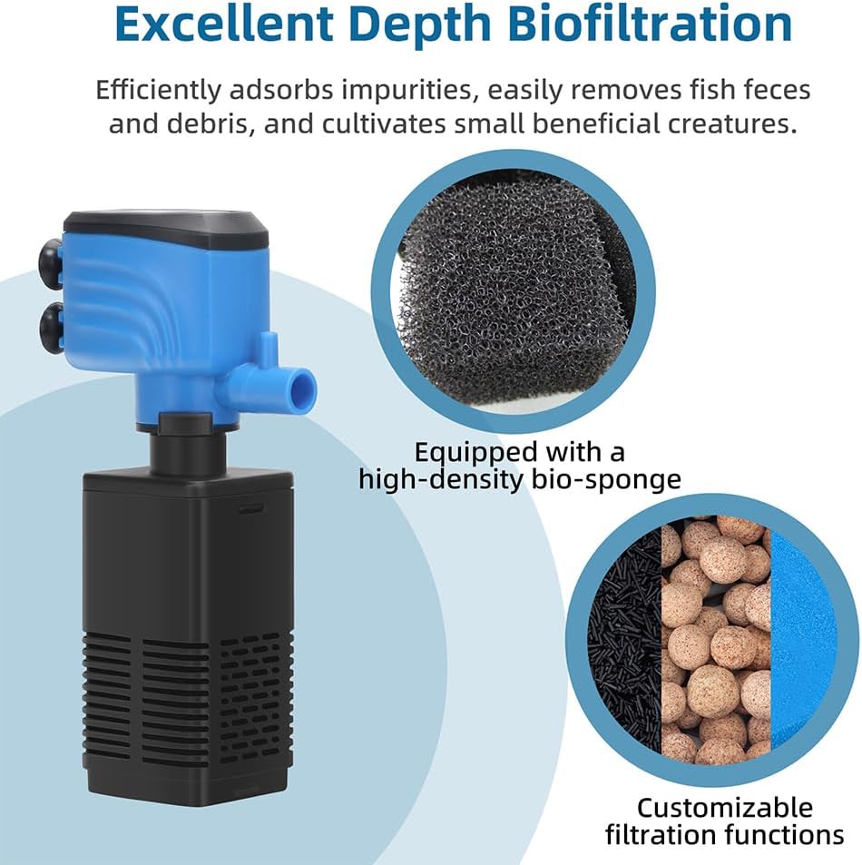Aquarium Filter 5-15 Gallon Fish Tank Filter 120GPH Powerful Pump For Aquariums Adjustable Air Flow Submersible Internal Aquarium Filters For Pond Wavemaker Air Supply Freshwater And Saltwater