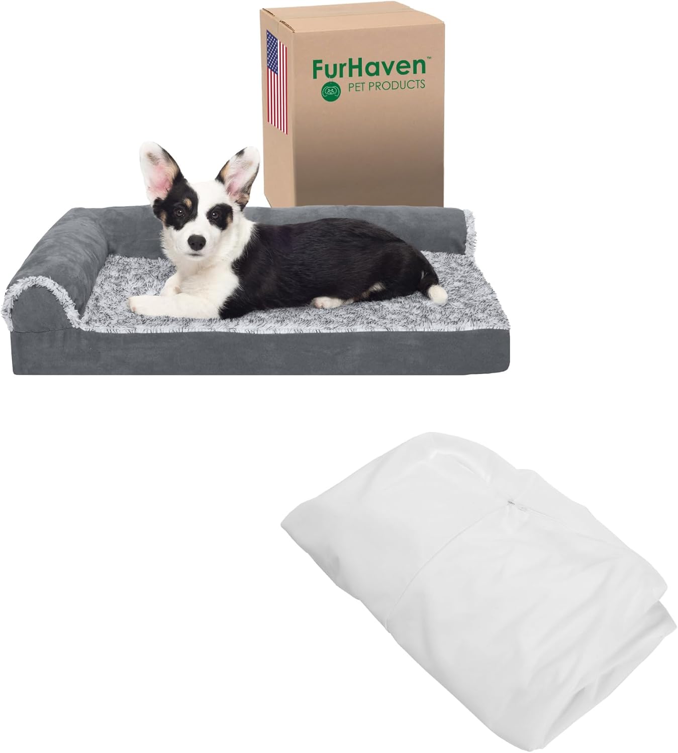 Furhaven Dog Bed L-Chaise Stone Gray, Medium W/Same Size Waterproof Liner