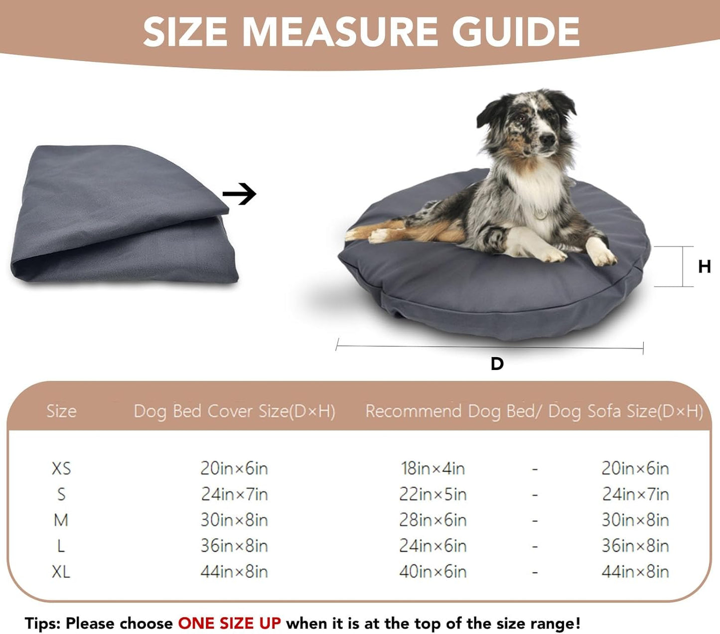 Dog Bed Cover Waterproof Machine Washable Replacement Mattress Protector Pet Bed Round 36x36 Inch Grey Polyester