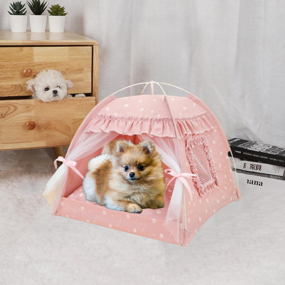 Selena Cat Bed Tents Dog House Indoor Outdoor Lace Mesh Breathable Windows Door Curtains Removable Portable Nest Teepe House (Small,Pink(Ruffled Teim))