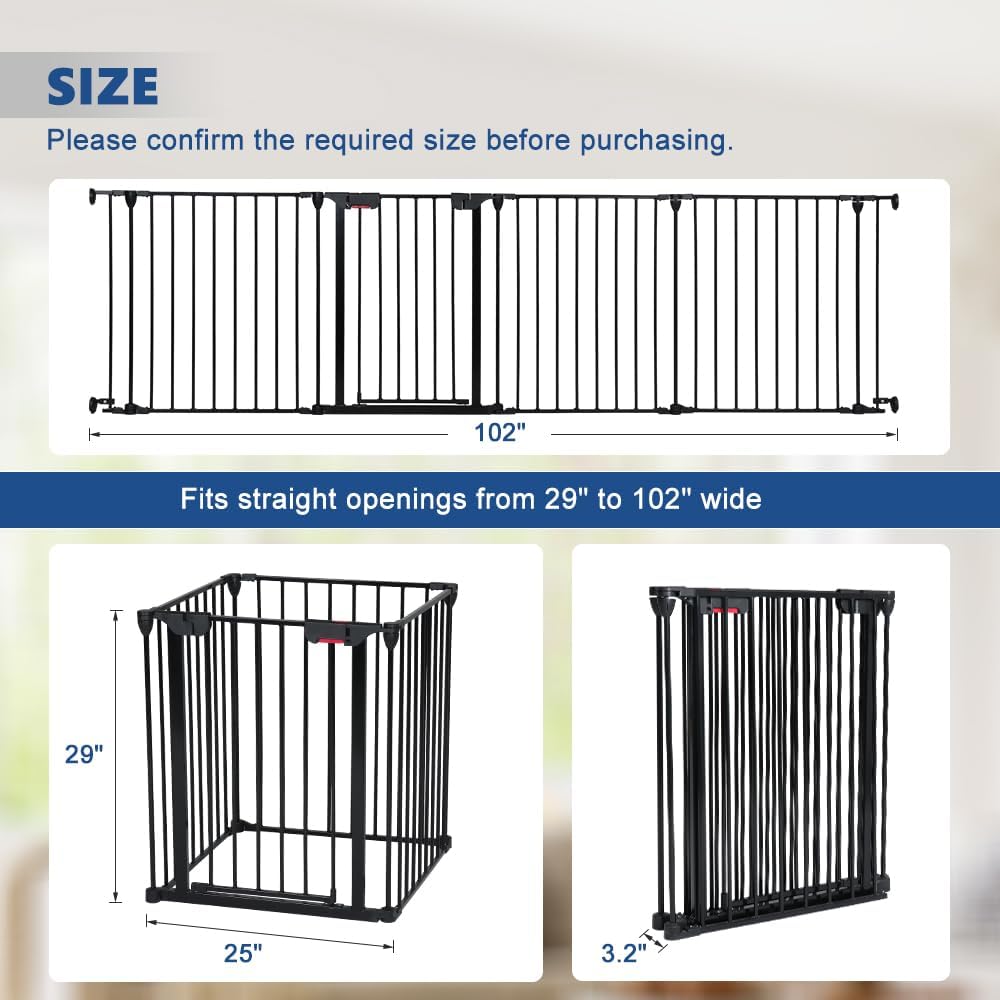 Freestanding Dog Gates with Door Walk Through, Extra Wide Doggy Door 100" W x 29" H Pet Gate Safty 4 Panels Dog Fence for Stairs, Doorways