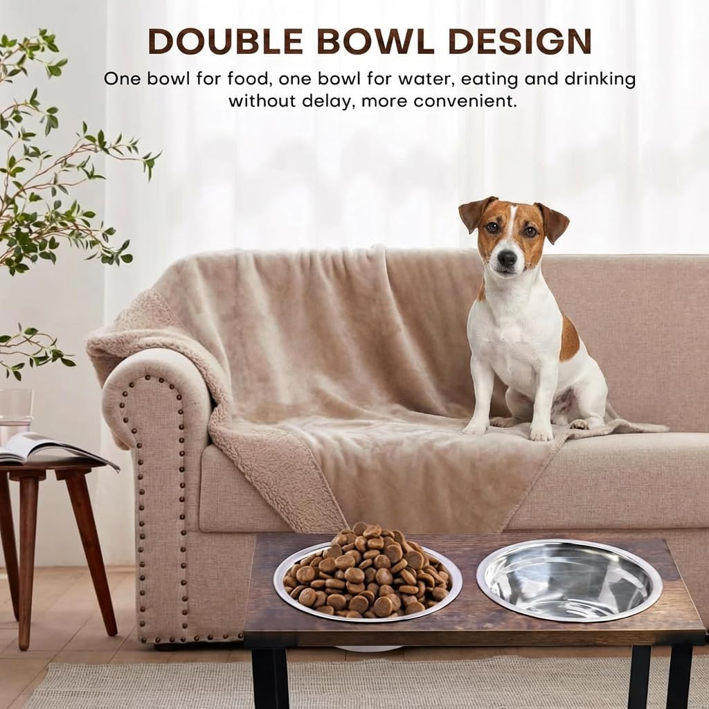 Elevated Dog Bowl Stand for Medium and Large Dogs, MDF Raised Dog Feeder with 2 Stainless Steel Bowls, Tilted Dog Food and Water Dish Set, Wooden Pet Feeding Station (Black)