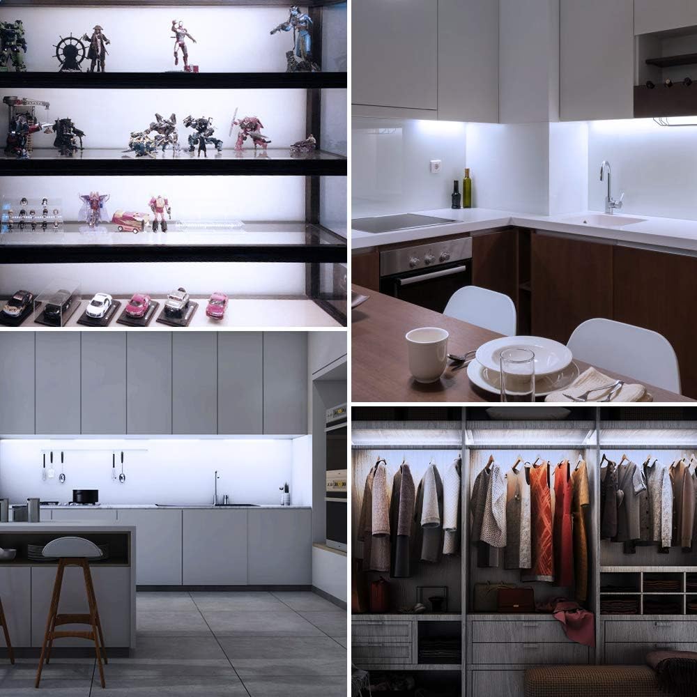 LED Display Lights, (4) Strip Light Bars for Display Case Shelf Showcase Bookshelf Kitchen Workbench, Plug-in Under Cabinet Lighting - (6000K, Cool White)