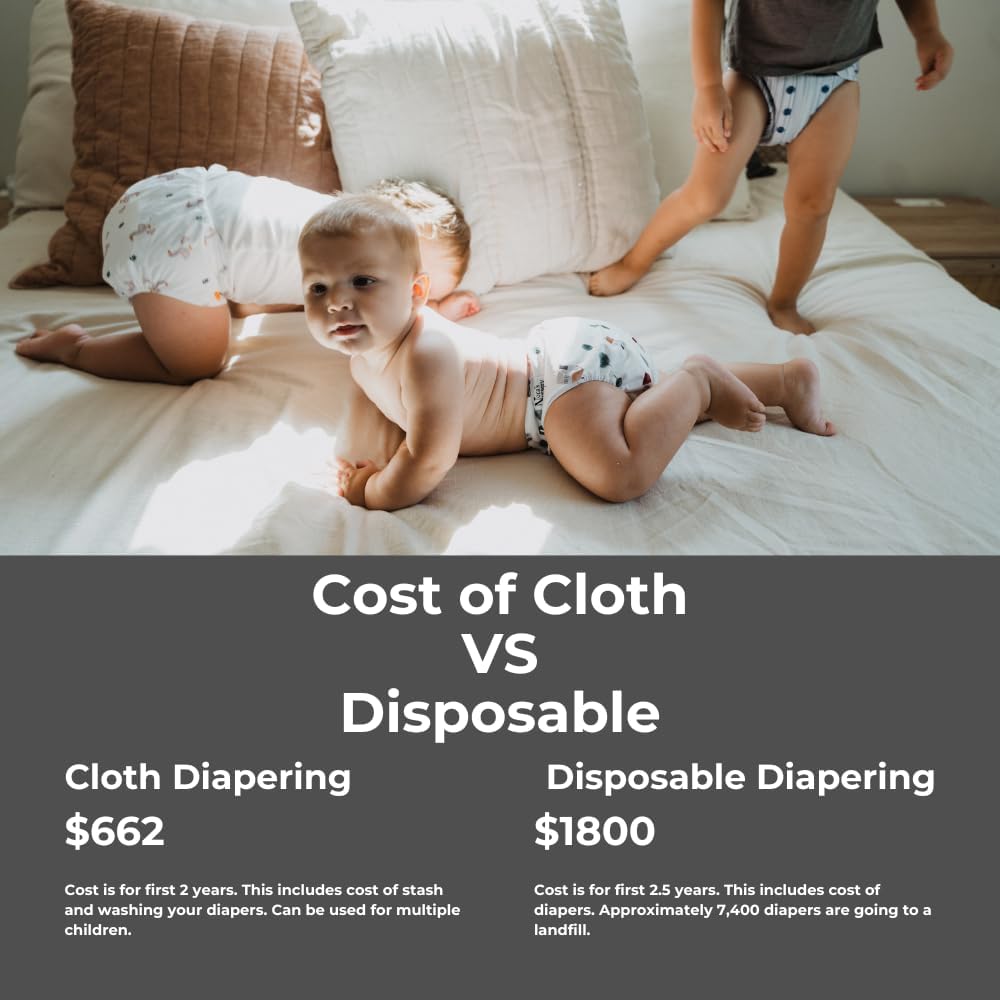 Nora's Nursery Cloth Diapers 7 Pack with 7 Inserts & 1 Wet Bag - Waterproof Cover, Washable, Reusable & One Size Adjustable Pocket Diapers for Newborns and Toddlers - Woodlands