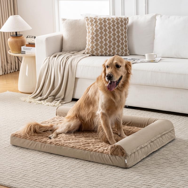 Orthopedic Dog Bed, L-Shaped Brown Plush Sofa with Bolster, Memory Foam Pet Bed, Machine Washable Cover, for Small Dog Sizes 35" L x 25" W x 6.5" H