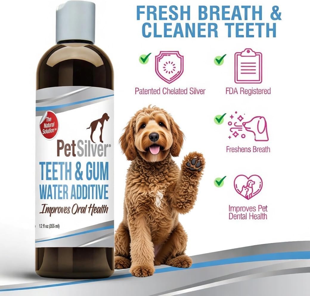 PetSilver Teeth & Gum Water Additive for Dental Care - Pet Breath Freshener - Targets Tartar, Plaque & Eliminates Bad Breath - Dog Oral Care & Cat Teeth Cleaning - No Brushing & Tasteless - 12 fl oz