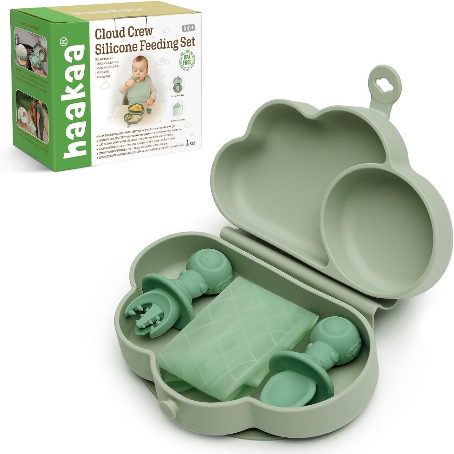 haakaa Cloud Crew Silicone Travel Baby Feeding Set with Foldable Suction Baby Plate, Silicone Bib, Baby Spoon and Fork, Waterproof Travel Bag, 6M+