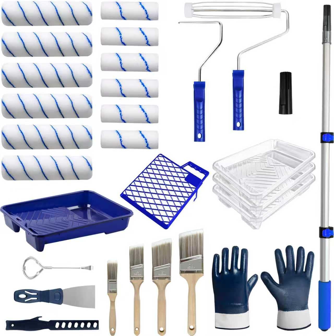28 PCS Paint Roller Kit with Extension Pole, 4"and 9" Paint Roller, Including Gloves, Paint Tray, Flat Paint Brush, Scraper, etc., for Professional House Painting & Oil Paints