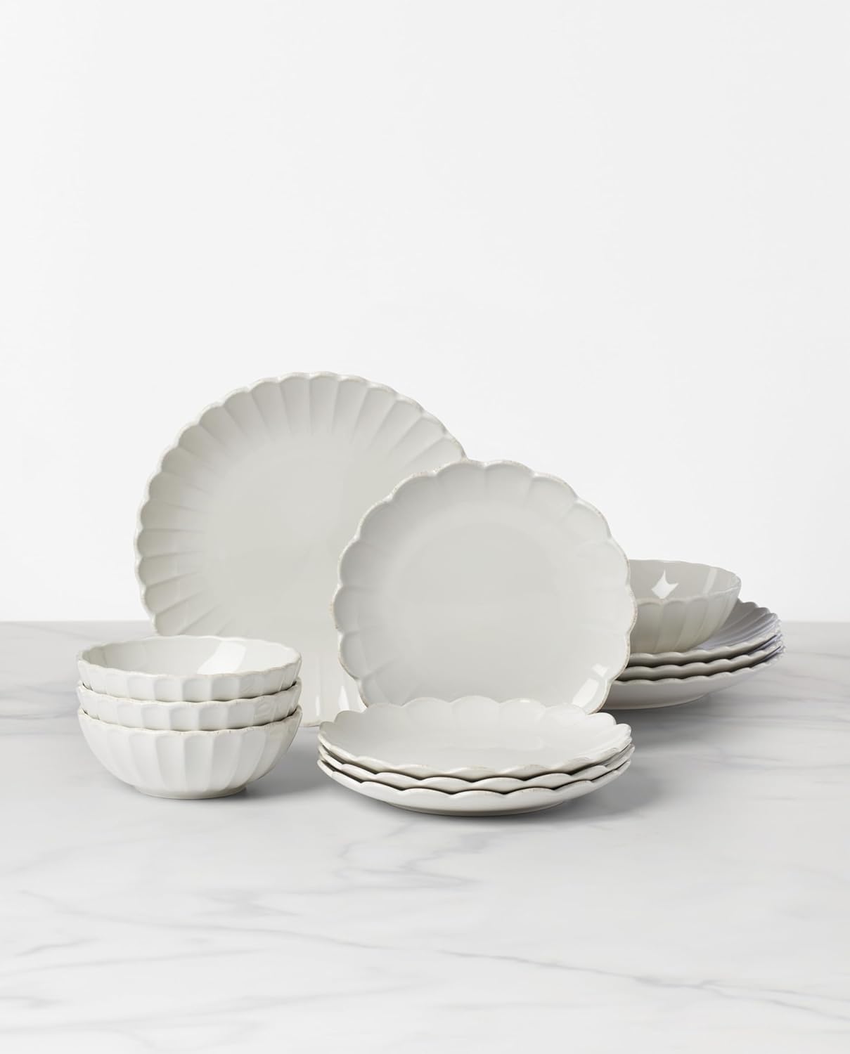 Lenox Stoneware Dinnerware Sets, French Perle Scallop 12-Piece Dinnerware Set for 4, Service For 4, Dishwasher Safe Dishware, White Dishes Set, Stoneware Dinner Plates and Bowls Sets (White, 12 Piece)