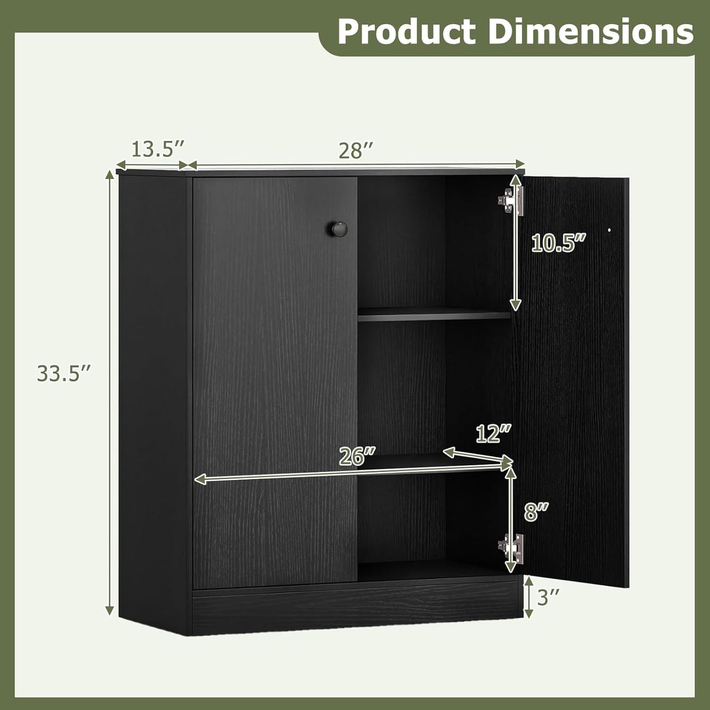 Giantex 2 Door Storage Base Cabinet - Freestanding Floor Cabinet with 3-Tier Shelf, Non-Slip Foot Pads, Kitchen Cupboard Storage Organizer for Living Room, Hallway, Entryway, Office (Black)