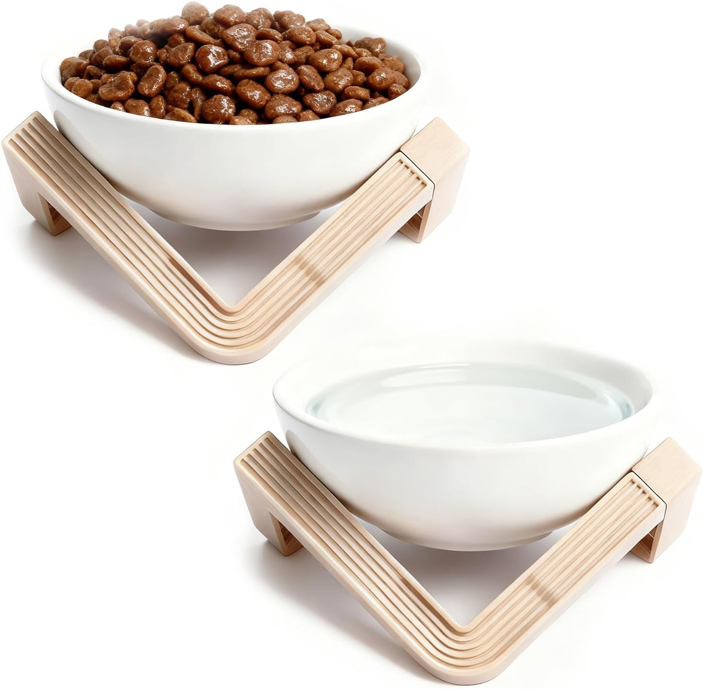 Elevated Cat Bowls for Food and Water, 2Pcs Raised Cat Food Bowls with Stand, 15° Slanted Ceramics Pet Dishes, Anti-Vomit Neck Protection Dog Water Bowls for Cats, Puppies