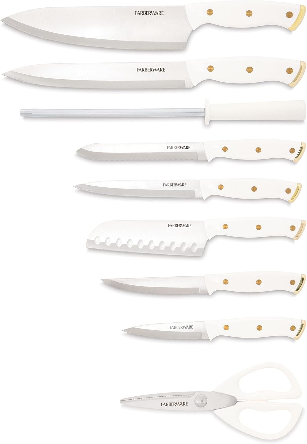 FARBERWARE 15-Piece Knife Block Set, Triple-Riveted High-Carbon Stainless Steel Kitchen Knives, Razor Sharp Blades, Wood Storage Block, White/gold