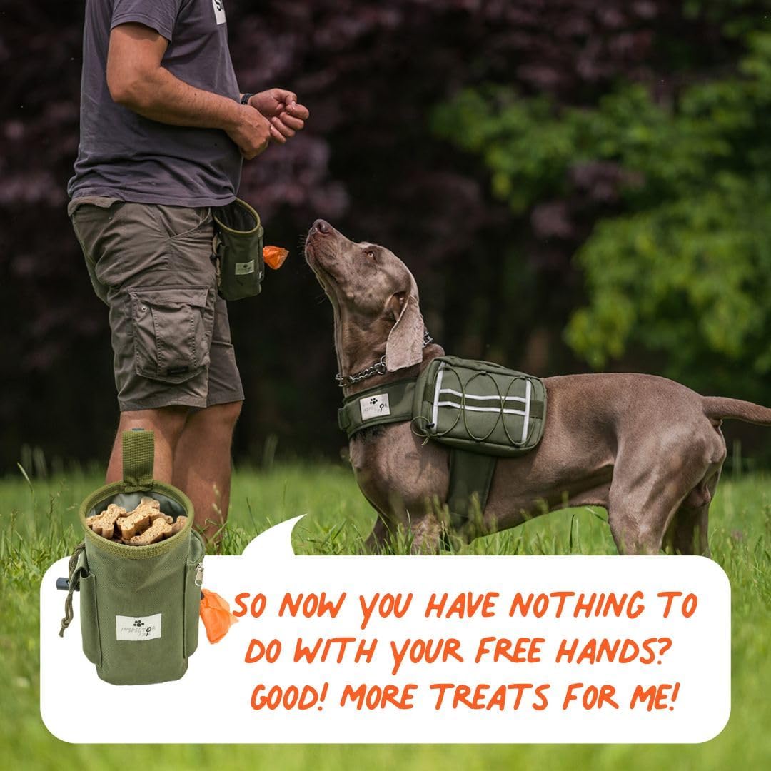 INSPECTOR TAIL Dog Treat Pouch w Drawstring to Prevent Spills | 2 Cup Tote | Hands Free w 4 Ways to Wear Puppy Bag w Pockets for Snacks Poop Bags Keys & Cards | Pet Training Walking & Rewarding Holder