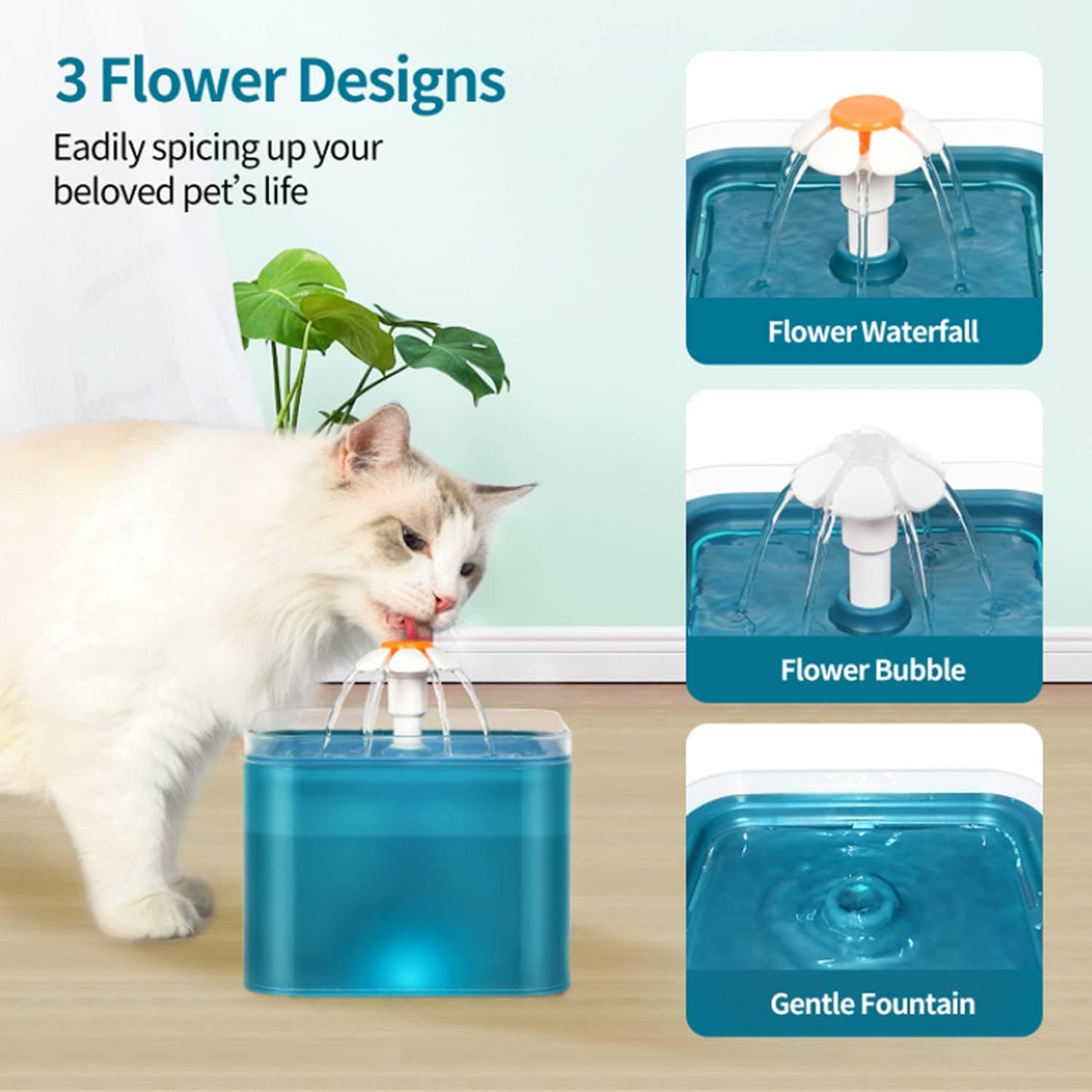 Cat Water Fountain Pet Water Fountain with LED Light, 67oz/2.0L Large Capacity, Cat Water Bowl 3 Flowers Designs & Super Silent