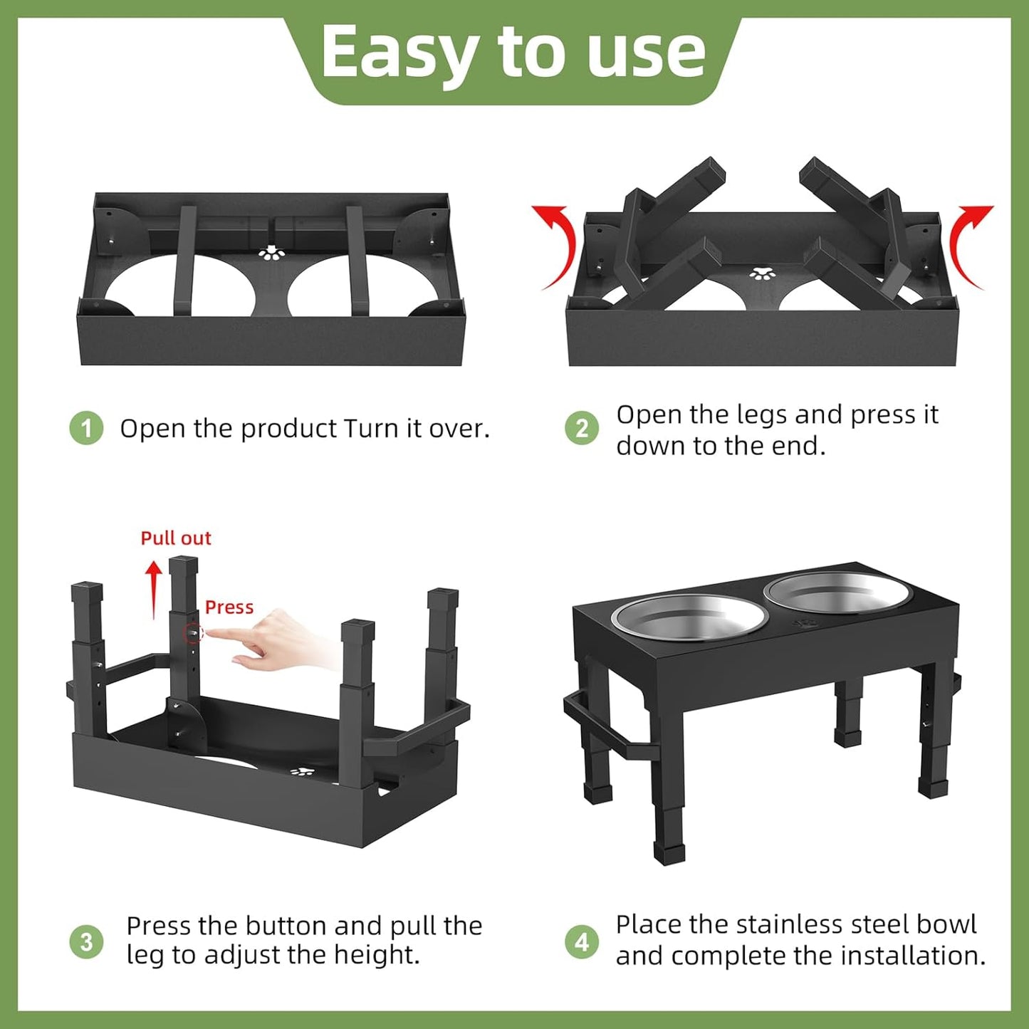 Elevated Dog Bowls, 4 Height Adjustable Raised Bowl Stand with 2 Stainless Steel 7" Food Feeder Bowls for Small Medium and Large Dogs