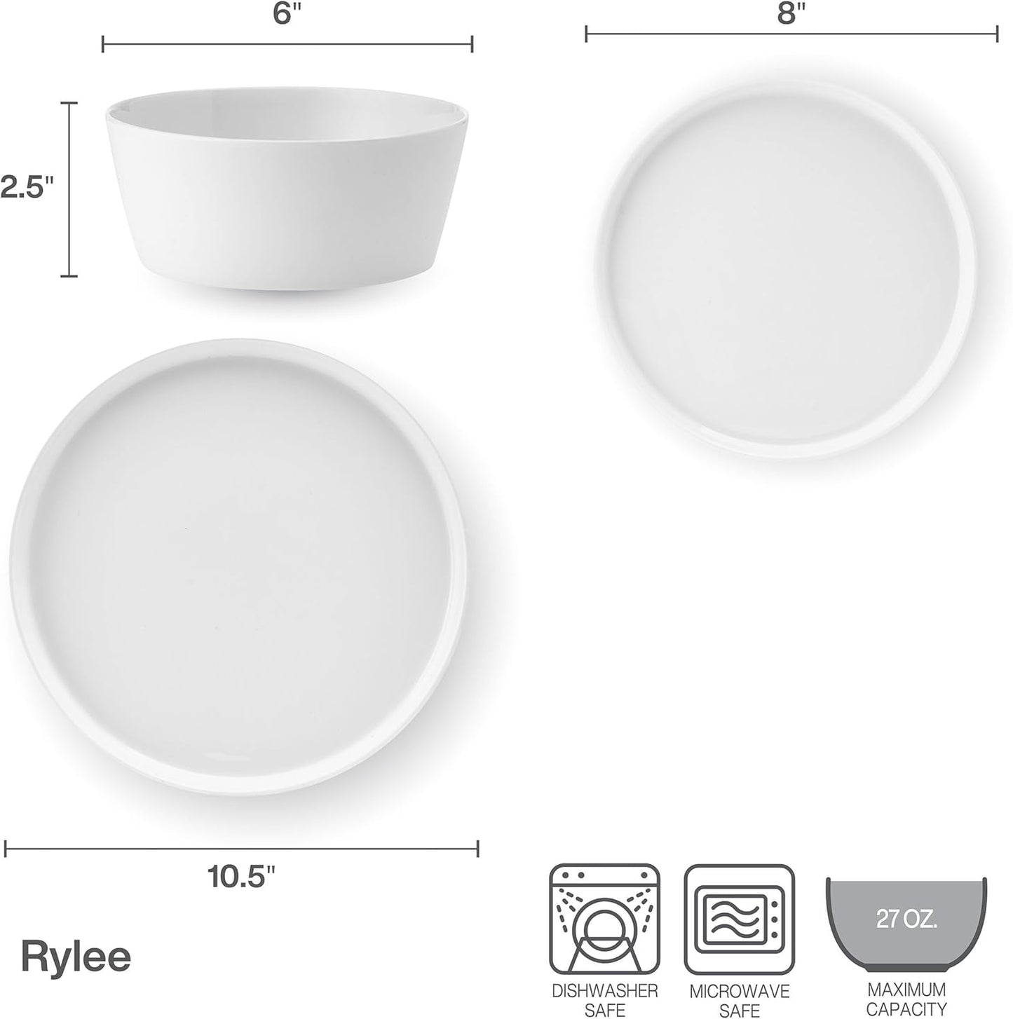 Mikasa Rylee High Rim 12 Piece Bone China Durable Chip Resistant Lightweight Dinnerware Set, Service for 4, White