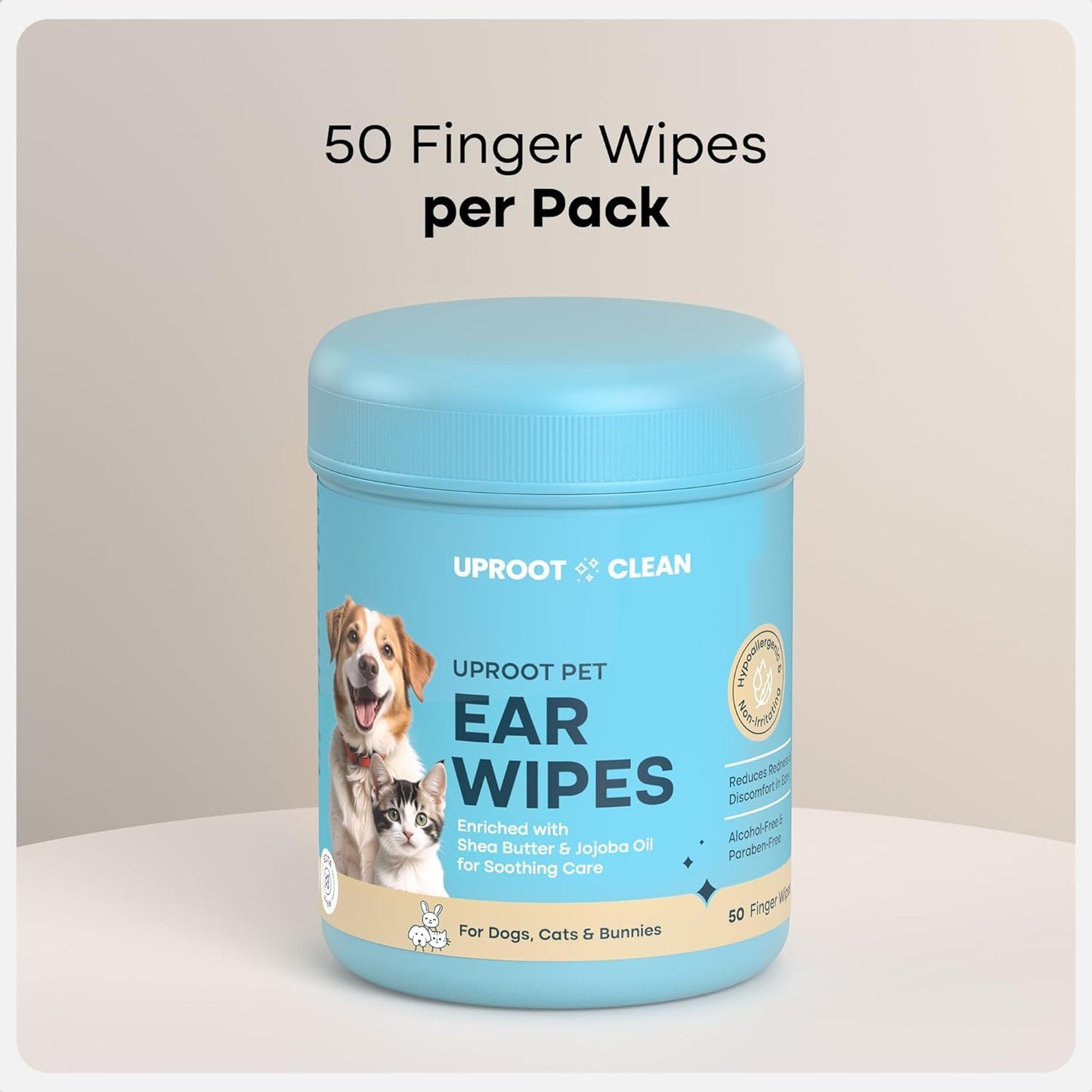 Uproot Clean Cat & Dog Ear Cleaner Finger Wipes (50ct.): Disposable Dog Ear Wipes Enriched with Shea Butter & Jojoba Oil - Cleaner Removing Wax Build Up, Help with Odor Discomfort