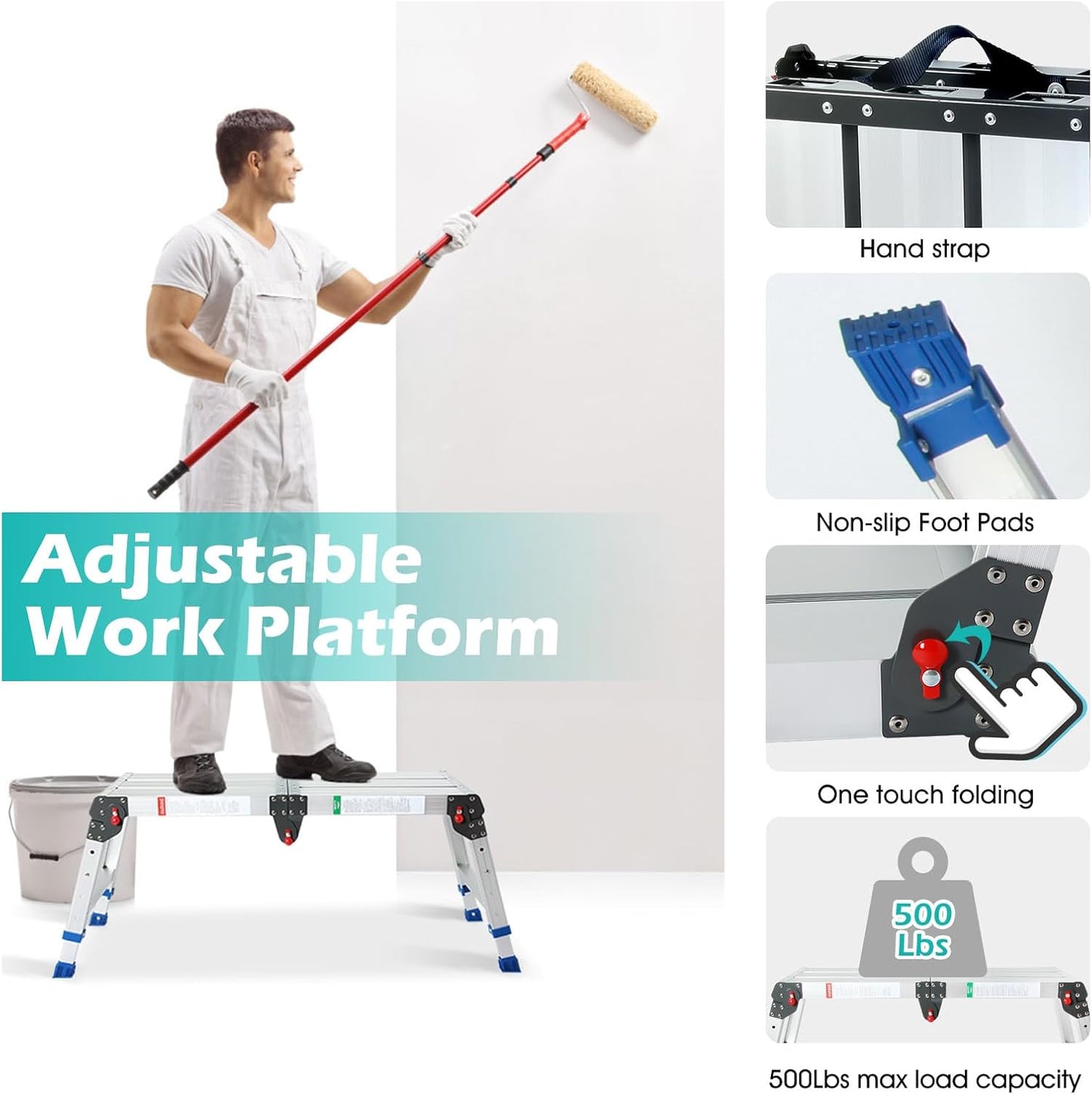 LEADALLWAY Work Platform Height Adjustment 33"(L) x12(W) x20(H) Step Stool Aluminum Platform Ladder with One-Touch Automatic Fold 330 Lbs Capacity