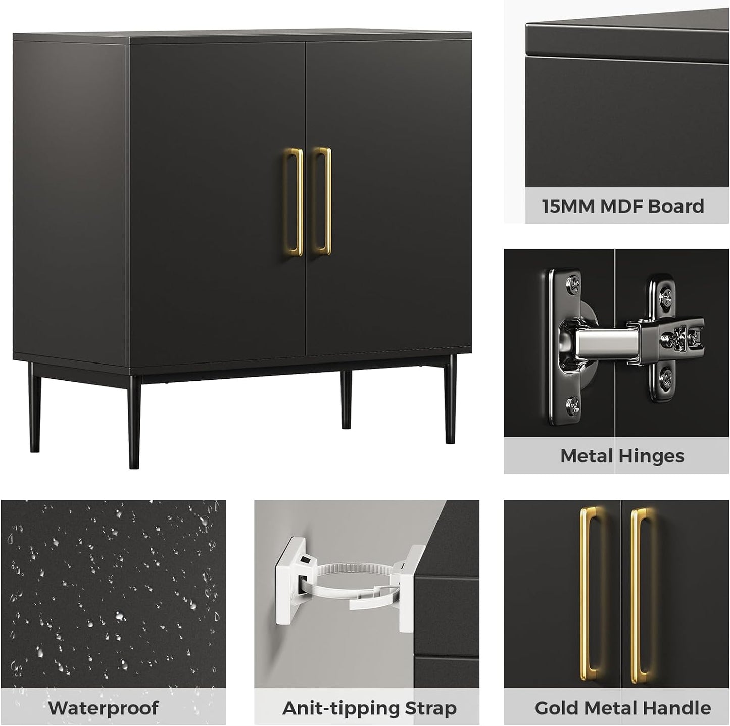 Storage Cabinet with Doors, Modern Black Accent Cabinet, Free Standing Cabinet, Wooden Buffet Sideboards for Living Room, Kitchen,Home Office